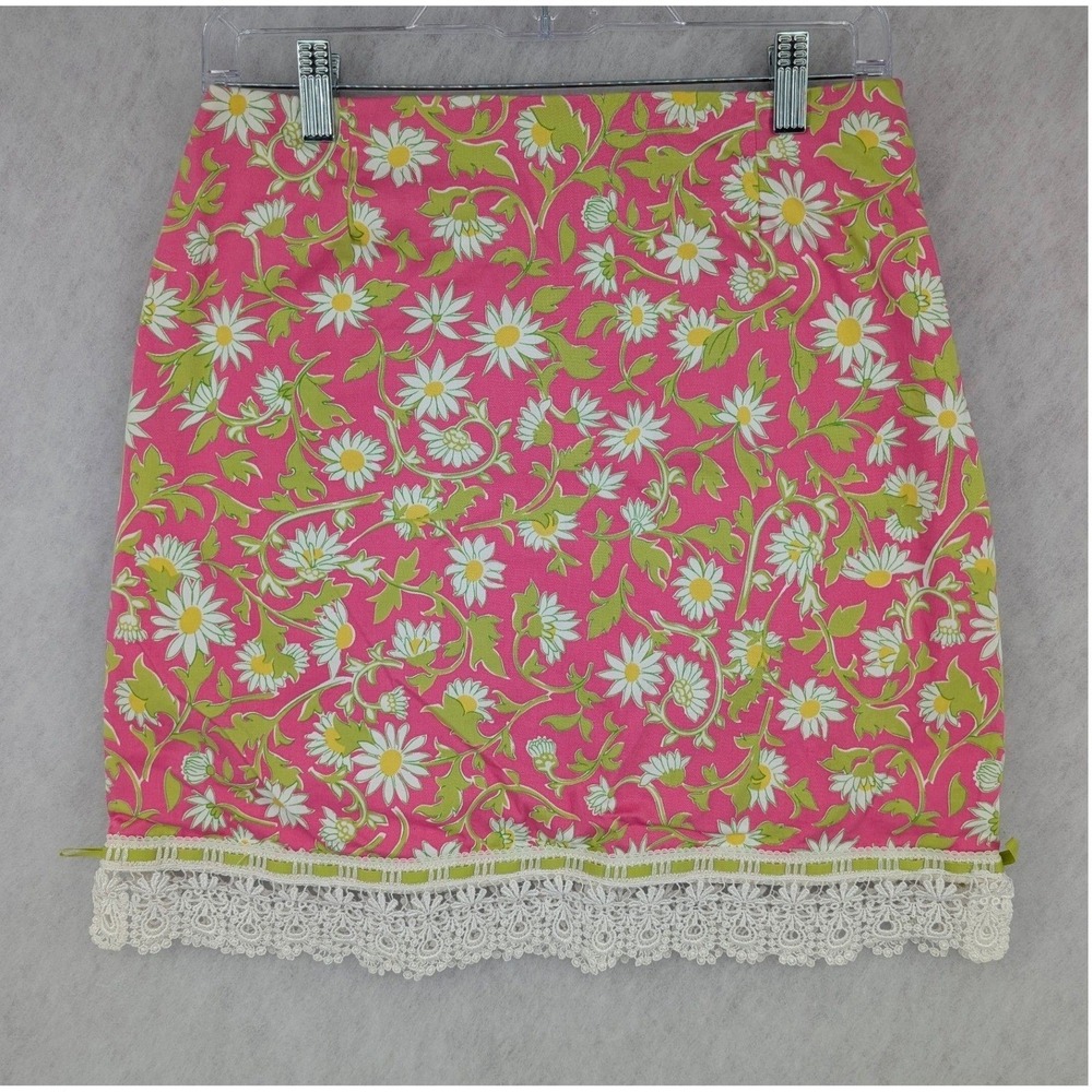 Key West Womens Pink Daisy Floral Mini Skirt Lace Trim Lined 6  Stretch Coquette